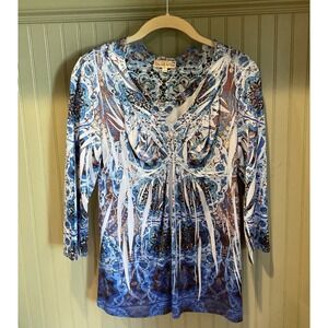 Y2K‎ Womens Peasant Blouse Size Petite Medium Blue Floral Tiedye Rhinestone